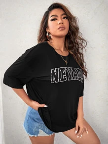 Flirla Camiseta de hombros caídos con estampado de letra