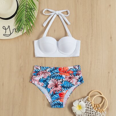 Tropical Print Ruched Push Up High Waisted Bikini Swimsuit