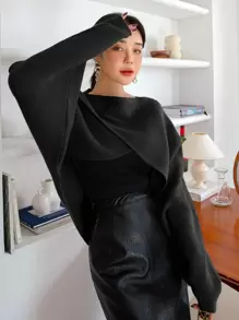 DAZY Solid Criss Cross Crop Sweater,Long Sleeve Tops,Fall Women Clothes - Black - View 4