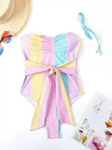 Swim Mod 條紋圖案褶邊連體泳衣 - 彩色 - 查看 1