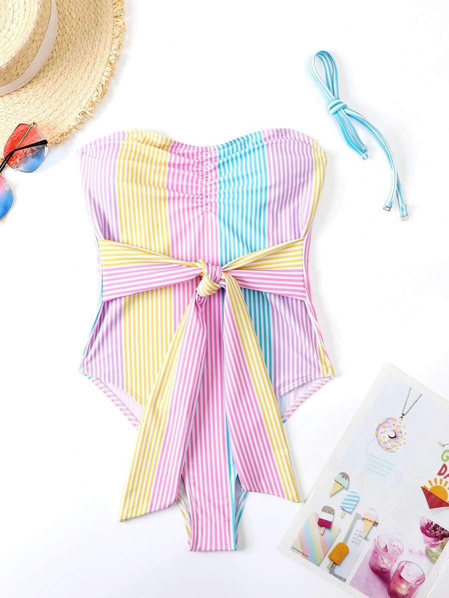 Swim Mod 條紋圖案褶邊連體泳衣 - 彩色 - 查看 1