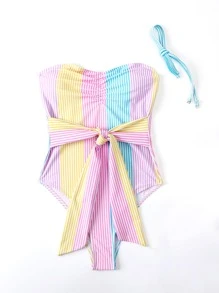 Swim Mod 條紋圖案褶邊連體泳衣 - 彩色 - 查看 3