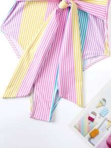 Swim Mod 條紋圖案褶邊連體泳衣 - 彩色 - 查看 5