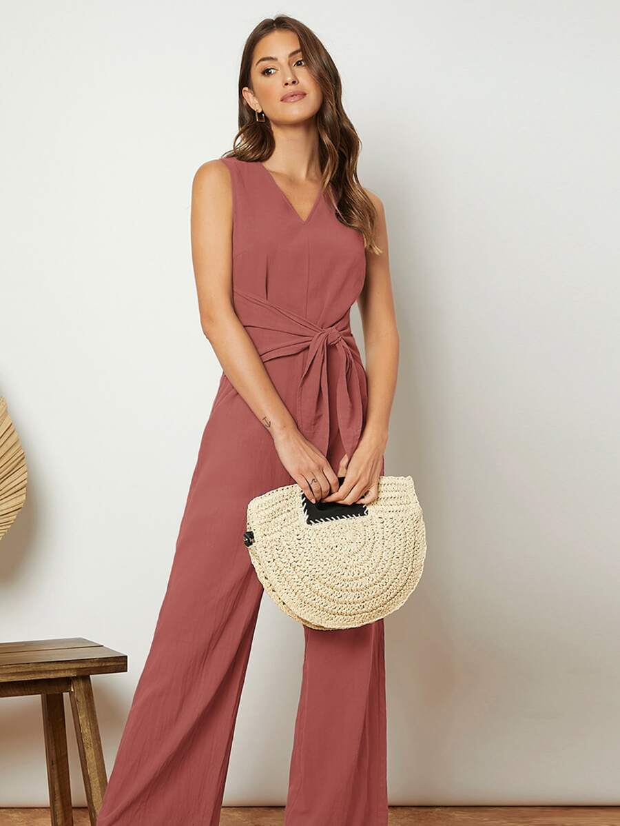 SHEIN V-neck Tie Front Jumpsuit - Rusty Rose - View 1