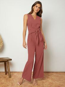 SHEIN V-neck Tie Front Jumpsuit - Rusty Rose - View 3