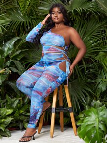 Slaydiva Jumpsuits Plus Size Cắt ra Cà vạt nhuộm Gợi cảm - Nhiều màu - Xem 1