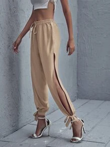 SHEIN VCAY 高側開衩結飾下擺褲子 - 卡其色 - 查看 4