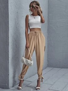 SHEIN VCAY 高側開衩結飾下擺褲子 - 卡其色 - 查看 5
