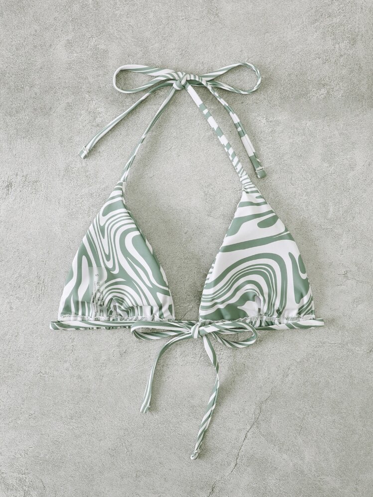 SHEIN Swim 液體圖案掛脖比基尼上衣 - 軍綠色 - 查看 2