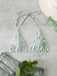 SHEIN Swim Summer Beach Fluid Pattern Halter Bikini Top - Army Green - View 3