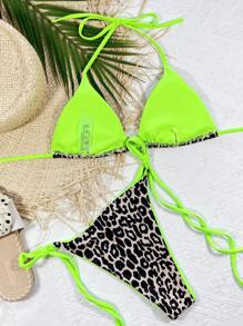 Swim SXY Summer Beach Leopard Halter Micro Triangle Bikini - Multicolor - View 2