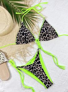 Swim SXY Summer Beach Leopard Halter Micro Triangle Bikini - Multicolor - View 3