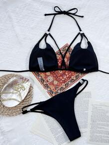 Swim SXY Summer Beach Mono Bikini Set Ring Linked Cut Out Micro Triangle Bra Top & Thong 2 Pieces Bikini - Black - View 2