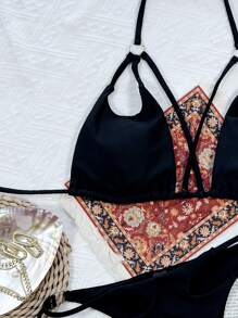 Swim SXY Summer Beach Mono Bikini Set Ring Linked Cut Out Micro Triangle Bra Top & Thong 2 Pieces Bikini - Black - View 3