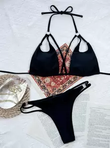 Swim SXY Summer Beach Mono Bikini Set Ring Linked Cut Out Micro Triangle Bra Top & Thong 2 Pieces Bikini - Black - View 4