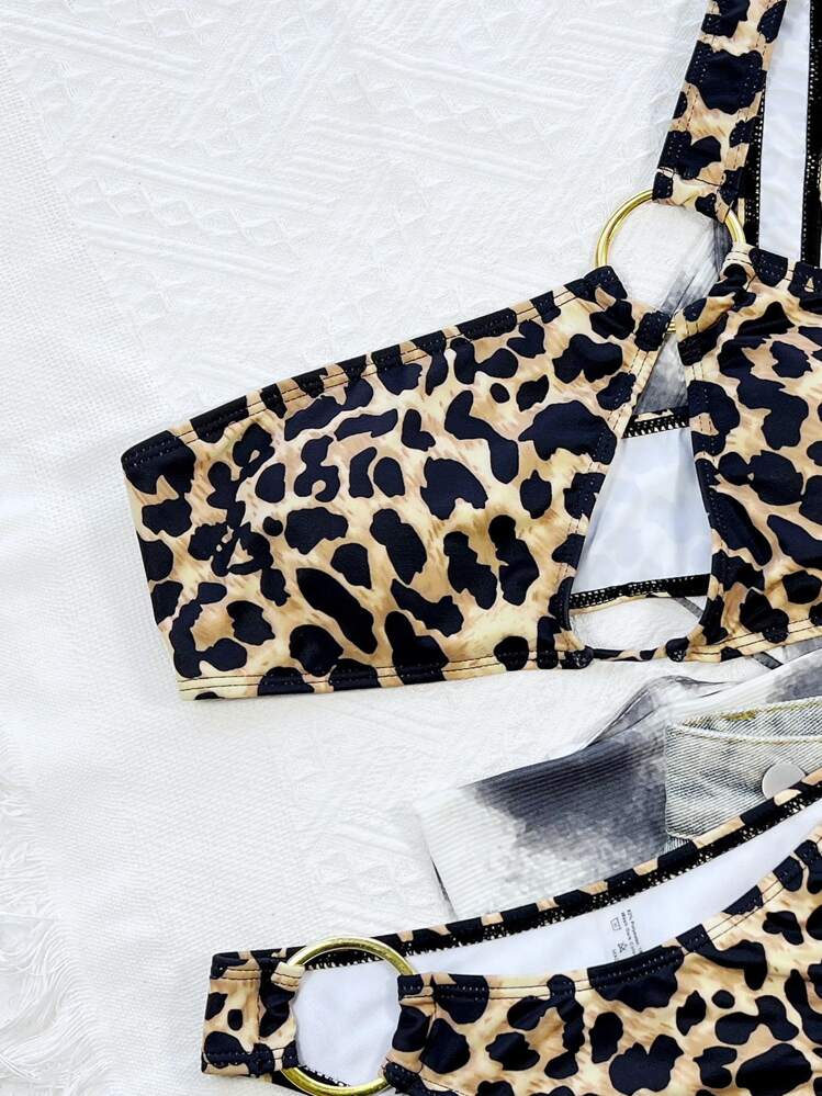 SHEIN Swim 2025年 レオパード柄 ホロー セクシー レディース ビキニ
