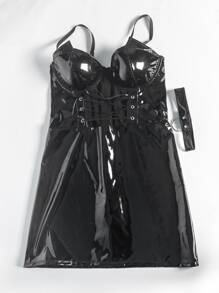 Contrast Mesh PU Underwire Dress With Choker - Black - View 6