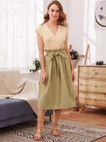 SHEIN Unity V-neck Cap Sleeve Solid Tee - Apricot - View 3