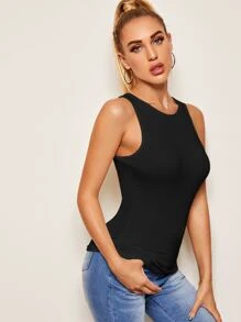 SHEIN Essnce Solid Fitted Tank Top - Black - View 5