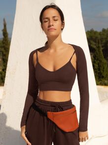 SHEIN Essnce Solid Crop Bolero Shrug Top Without Cami - Chocolate Brown - View 1