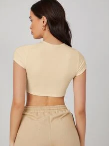 SHEIN BASICS Cap Sleeve Solid Crop Tee - Apricot - View 2