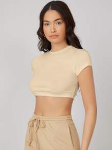 SHEIN BASICS Cap Sleeve Solid Crop Tee - Apricot - View 3