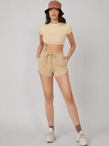 SHEIN BASICS Cap Sleeve Solid Crop Tee - Apricot - View 5