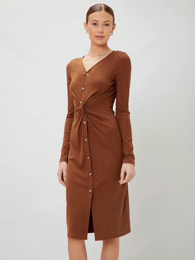 MOTF Lenzing™ECOVERO™品牌粘膠纖維製成合身連衣裙 - 咖啡棕 - 查看 10