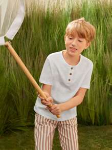 SHEIN Tops con trai Nút phía trước màu trơn Giải trí - trắng - Xem 10