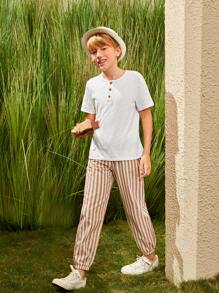 SHEIN Tops con trai Nút phía trước màu trơn Giải trí - trắng - Xem 9