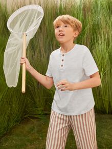 SHEIN Tops con trai Nút phía trước màu trơn Giải trí - trắng - Xem 11