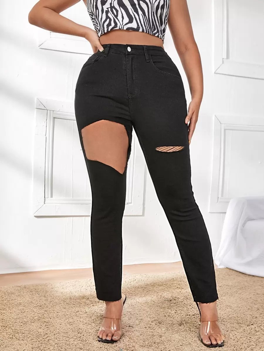 SHEIN Quần jean nữ Túi Hem thô Bị tách Dây kéo màu trơn - màu đen - Xem 1