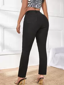 SHEIN Quần jean nữ Túi Hem thô Bị tách Dây kéo màu trơn - màu đen - Xem 2