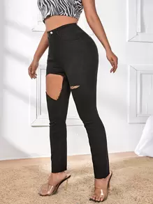 SHEIN Quần jean nữ Túi Hem thô Bị tách Dây kéo màu trơn - màu đen - Xem 4