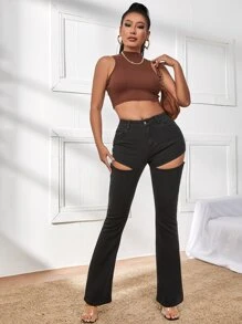 SHEIN Cut Out Bootcut Jeans - Black - View 4