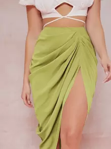 SHEIN BAE Váy nữ Xù Dây kéo Tách cao màu trơn Gợi cảm - Màu xanh chanh - Xem 4