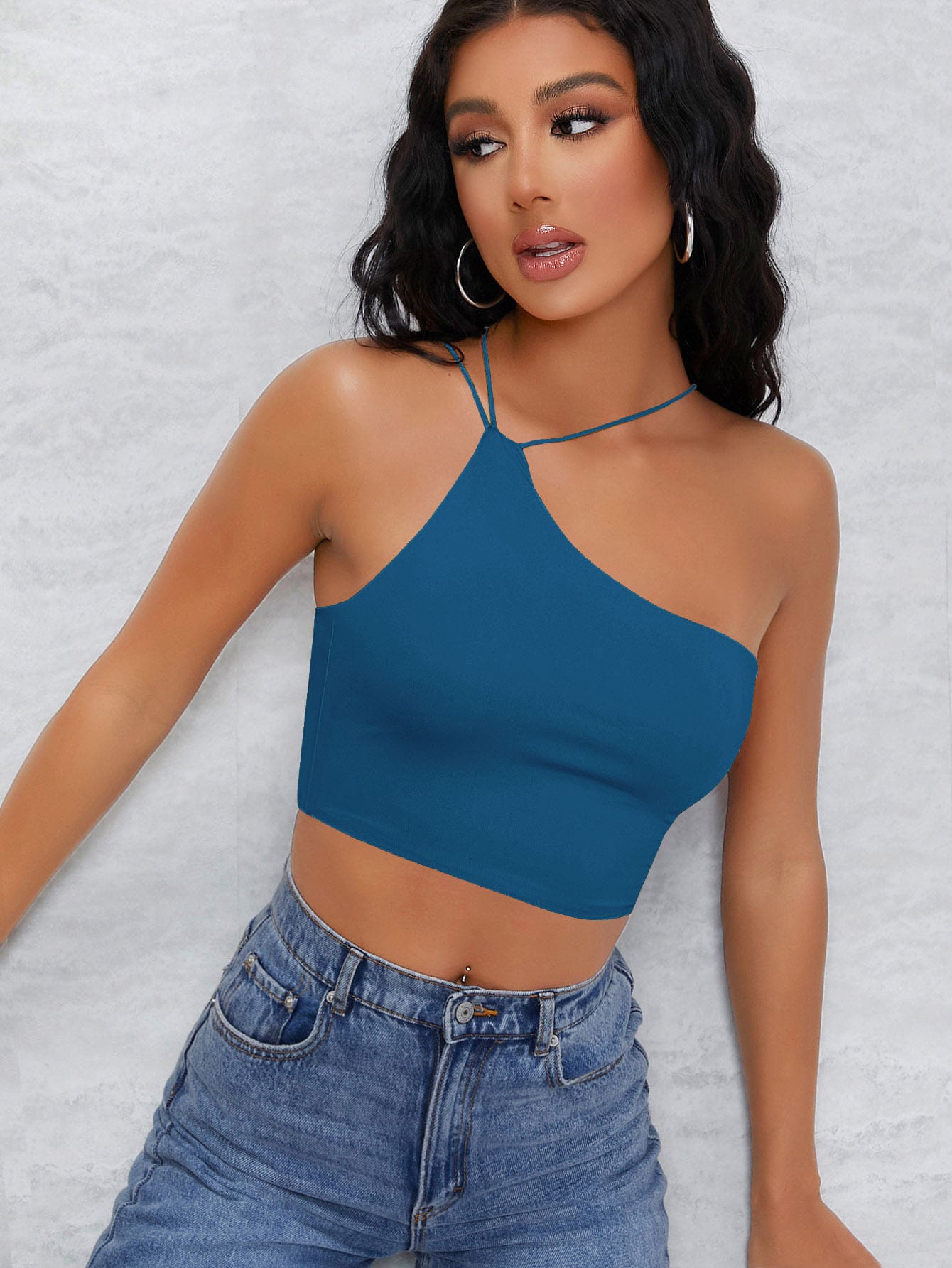 SHEIN BAE One Shoulder Solid Crop Top - Teal Blue - View 1
