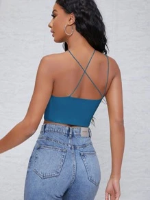 SHEIN BAE One Shoulder Solid Crop Top - Teal Blue - View 2