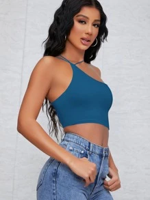 SHEIN BAE One Shoulder Solid Crop Top - Teal Blue - View 3