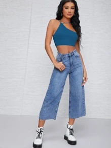 SHEIN BAE One Shoulder Solid Crop Top - Teal Blue - View 4