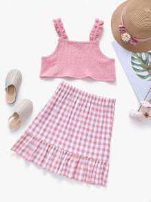 Girls Frilled Crop Cami Top & Gingham Ruffle Hem Skirt - Baby Pink - View 1