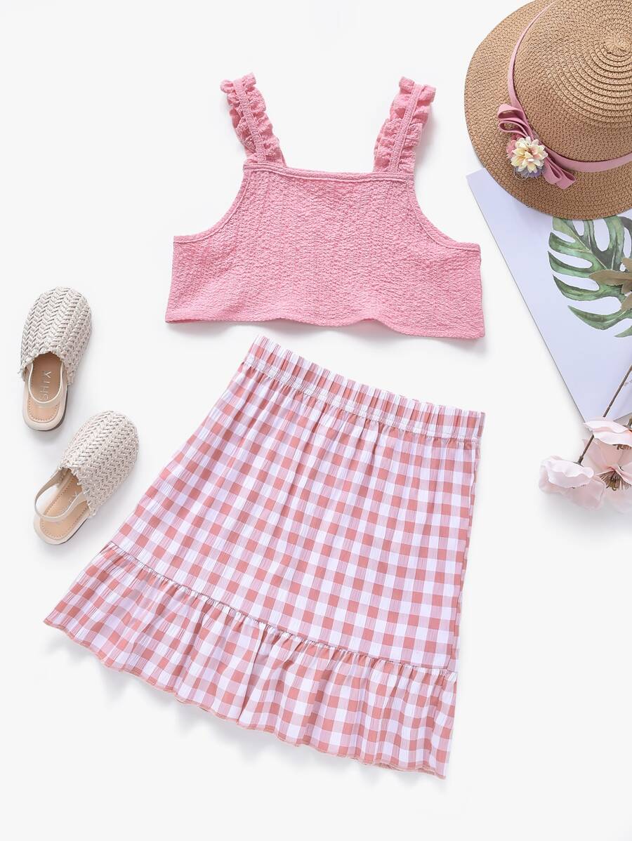 Girls Frilled Crop Cami Top & Gingham Ruffle Hem Skirt - Baby Pink - View 1