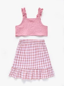 Girls Frilled Crop Cami Top & Gingham Ruffle Hem Skirt - Baby Pink - View 2