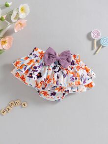 嬰兒撞色滾邊吊帶連體衣和花卉圖案蝴蝶結多層荷葉邊裙褲和髮箍 - 彩色 - 查看 6