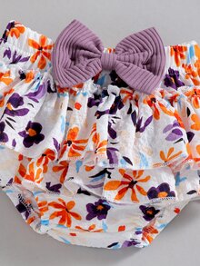 嬰兒撞色滾邊吊帶連體衣和花卉圖案蝴蝶結多層荷葉邊裙褲和髮箍 - 彩色 - 查看 7