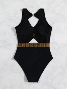 SHEIN Swim Phụ nữ một mảnh Khóa màu trơn Thanh lịch - màu đen - Xem 2