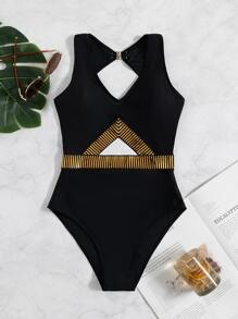 SHEIN Swim Phụ nữ một mảnh Khóa màu trơn Thanh lịch - màu đen - Xem 3