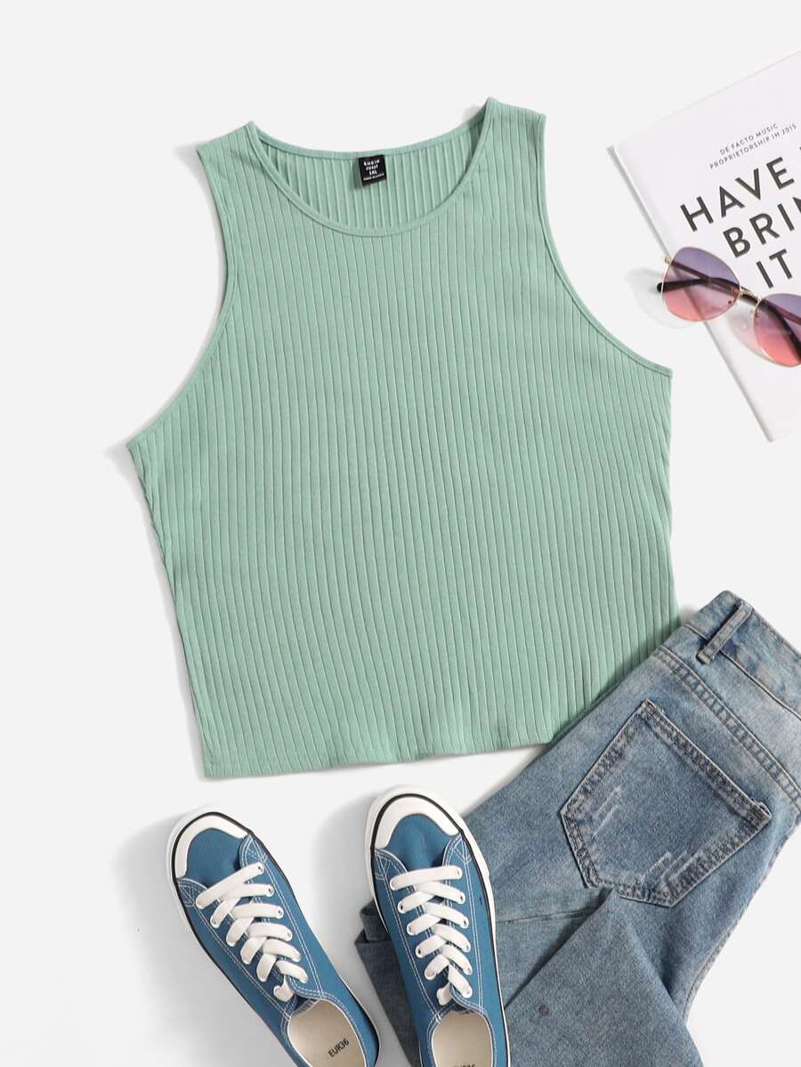 SHEIN EZwear 大碼條紋針織背心上衣 - 薄荷綠 - 查看 1