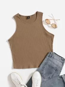 SHEIN EZwear Plus Ribbed Knit Tank Top - Camel - View 1