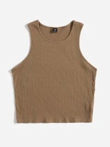 SHEIN EZwear Plus Ribbed Knit Tank Top - Camel - View 3